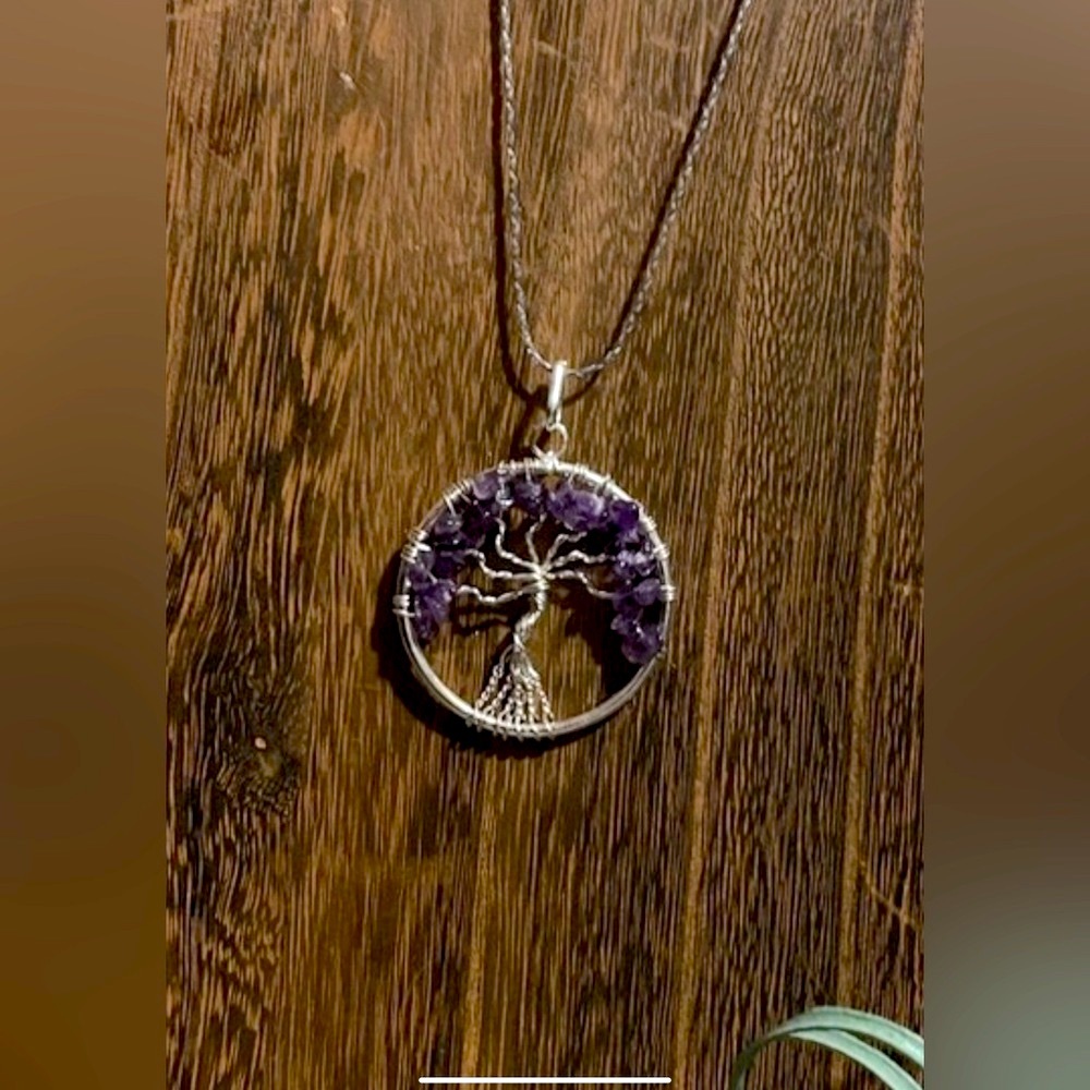 Silver and Amethyst Tree of Life boho necklace